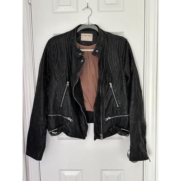 Free People We The Free Fenix Black Faux Leather Moto Biker Jacket Medium - Picture 4 of 13